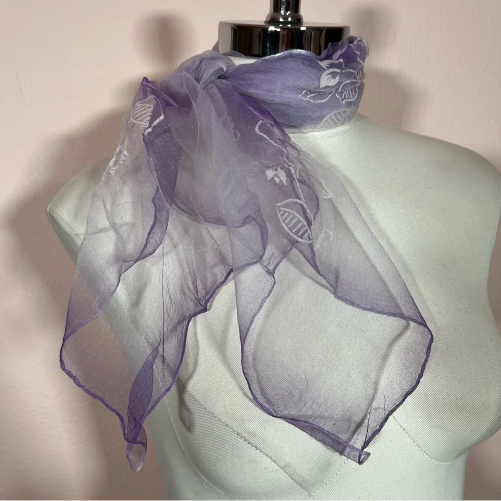 Vintage 1960 70’ semi sheer purple white flocked cottagecore floral Scarf